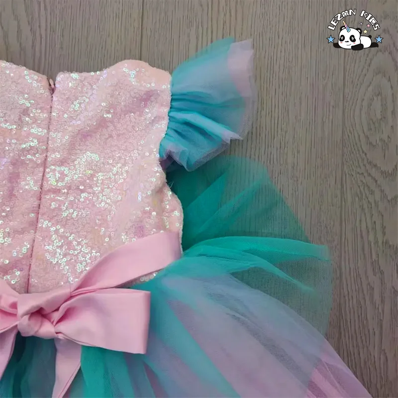 LEZONKIDS - Vestido de gala infantil com lantejoulas coloridas, manga bufante, azul, rosa, camadas para festa de aniversário, vestido de princesa para menina